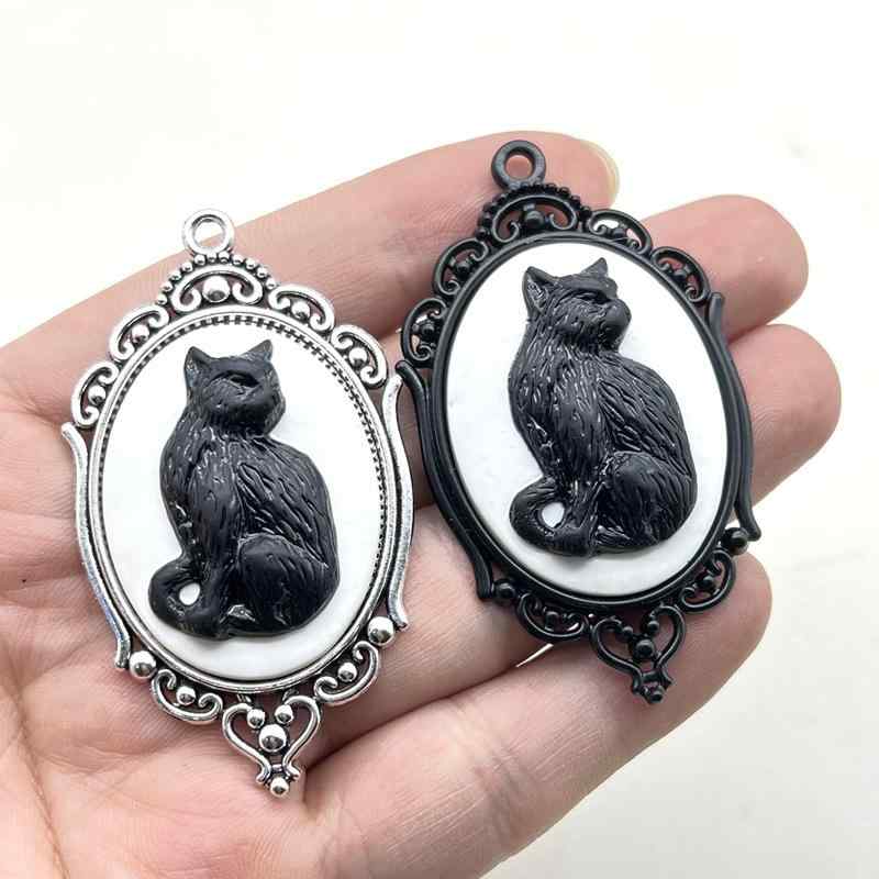 DIYパーツ 個性的な ゴシック 黒猫 シルバーフレーム カメオ ペンダントチャーム ハロウィン 手作り用 ..