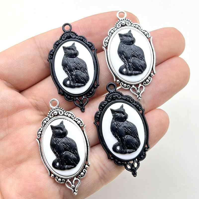 チャーム ゴシック 黒猫 動物モチーフ シルバーメッキカメオ ペンダントトップ ハロウィン アクセサリ..