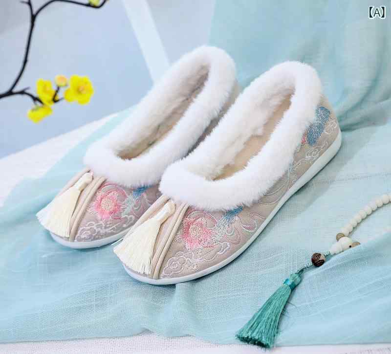 フラットシューズ レディース 中国風 刺繍 民族柄 タッセル 裏起毛 冬 防寒 スリッポン ラウンドトゥ ..