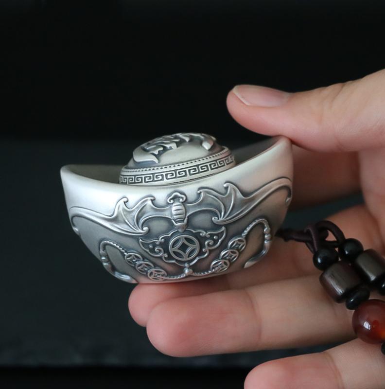 ペンダント レトロ アンティーク風 元宝 コウモリ 置物 手遊び デスクトップオブジェ 回転式 銅製 銀メ..