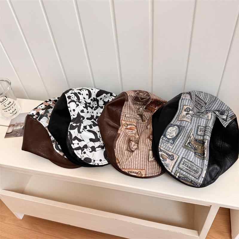 ハンチング 男女兼用 レトロ パッチワーク PUレザー かわいい パンダデザイン 秋冬 帽子 大きいサイズ ..