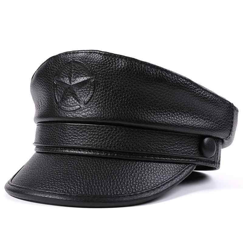 キャップ 男性用 牛革 本革 レトロ 船長帽 水兵帽 平天帽 ショートブリム 薄手 オールシーズン 通気性 保温 防風 五芒星 バイクスタイル 中国風 カジュアル ブラック ブラウン ハンドメイド 手刺繍