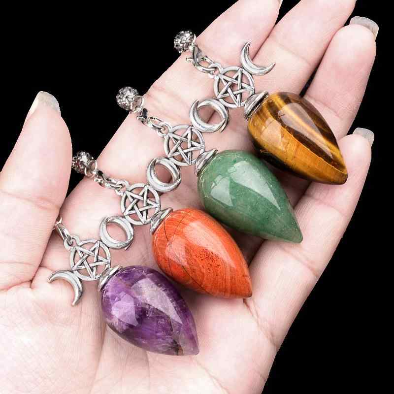 ペンデュラム 天然石 水晶 ドロップ型 三日月 ムーン ペンダントトップ ダウジング ヒーリング オブシディアン ローズクォーツ アメジスト(4)