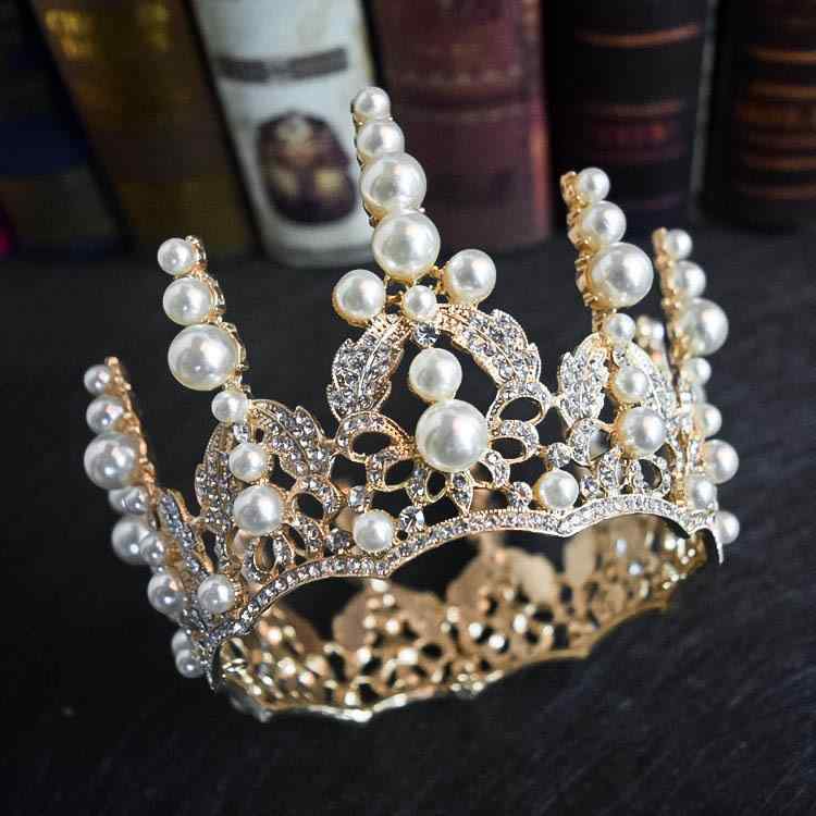 髪飾り レディース 欧風 バロック 円形 ゴールド パール ラインストーン ティアラ クラウン 花モチーフ 高級感 花嫁 ウェディング 結婚式 ブライダル ヘッドドレス