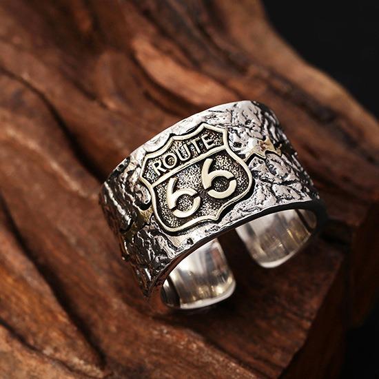 リング メンズ 男性用 S925シルバー いぶし銀 ルート66 自由の道 レトロ ヴィンテージ パンク バイカー オープンリング フリーサイズ 幾何学デザイン 不対称 カジュアルスタイル
