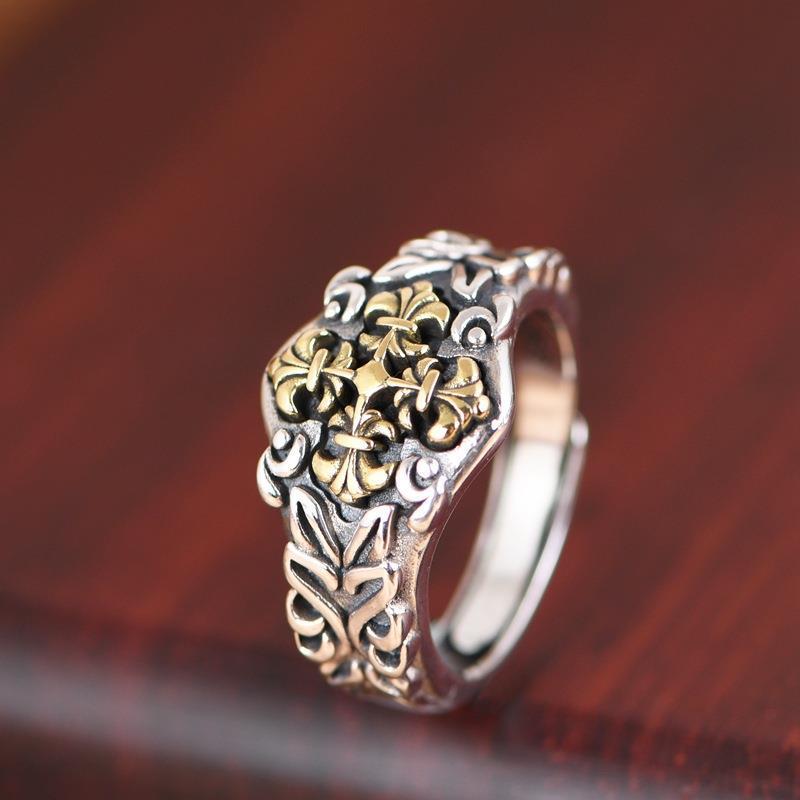 リング メンズ 男女兼用 タイシルバー クロス 十字架 唐草模様 人差し指 ユニーク 個性的 レトロ アンティーク調 サイズ調整可能 フリーサイズ シルバープレート 指輪(4)