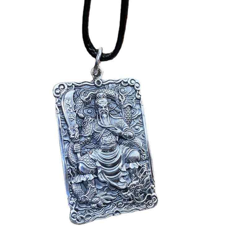 ネックレス メンズ 男性向け タイシルバー 細工 関羽 武将 ペンダントトップ レトロ アンティーク 銅製 古銀加工 中実 ソリッド 重厚感 迫力 存在感