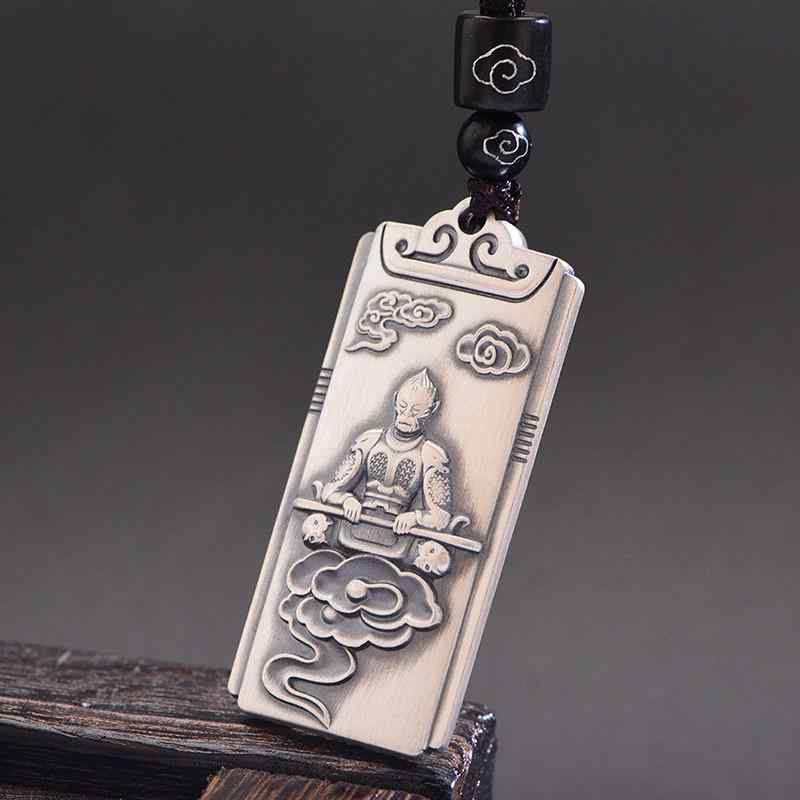 ネックレス メンズ 男性用 純銀 無垢 ペンダントトップ 観音様 孫悟空 斉天大聖 古風銀細工 伝統技法 レトロ アンティーク シルバーアクセサリー お守り 開運 重厚感