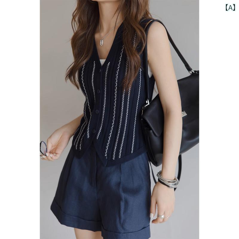 ベスト レディース 女性用 ブルー ストライプ ニット Vネック ジレ 夏 アウター 上品 クラシカル きれ..