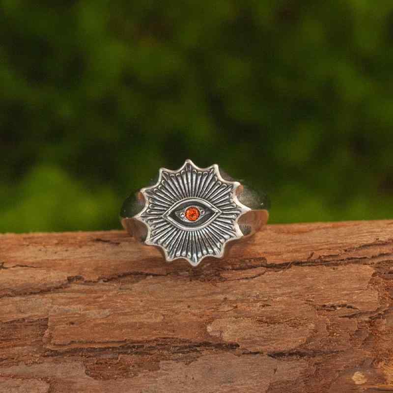 リング メンズ 指輪 プロビデンスの目 全視之眼 印章リング ルビーカラー ダーク ゴシック シルバーメッキ 燻し銀 フリーサイズ レトロ ヴィンテージ ファッション