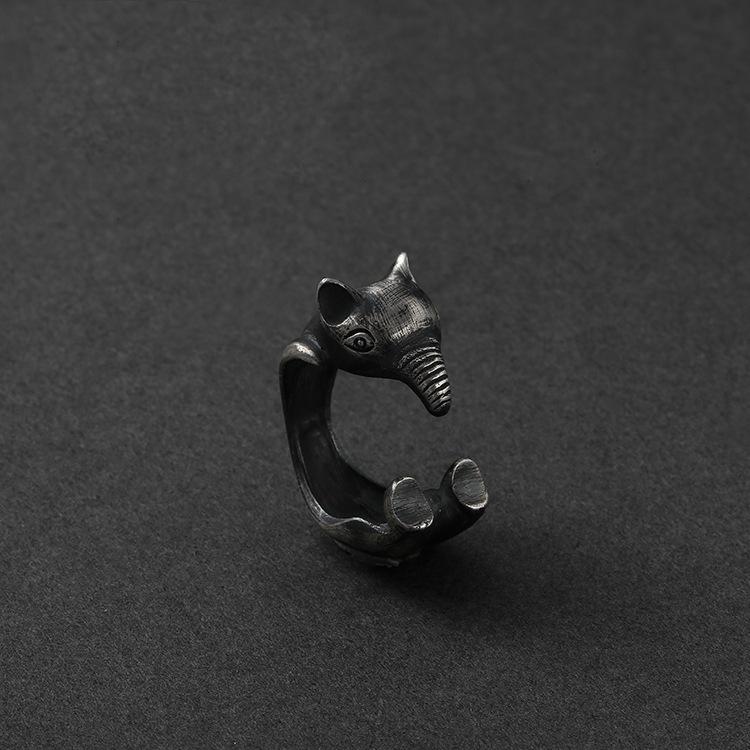 リング 男女兼用 メンズ レディース S925 タイシルバー 鍍銀 食夢貘 バク レトロ ヴィンテージ アンティーク オープンリング フリーサイズ 幾何学 アシンメトリー スカル 髑髏 伝説 クール かっこいい カップル ペア 普段使い カジ