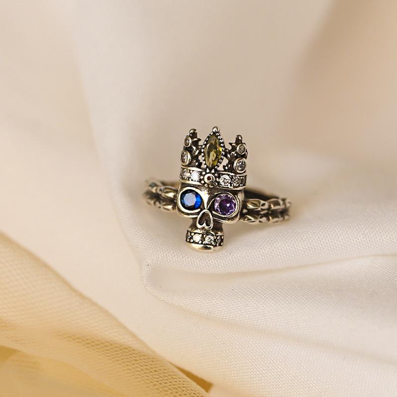 指輪 レディース S925 シルバーメッキ ブルーバイオレットジルコニア 王冠 スカル ドクロ 個性的デザイ..