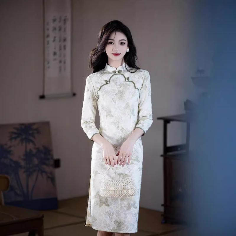チャイナドレス レディース 新チャイナスタイル 羽毛ヤーン レース ロング丈 レトロクラシック 少女風 ..