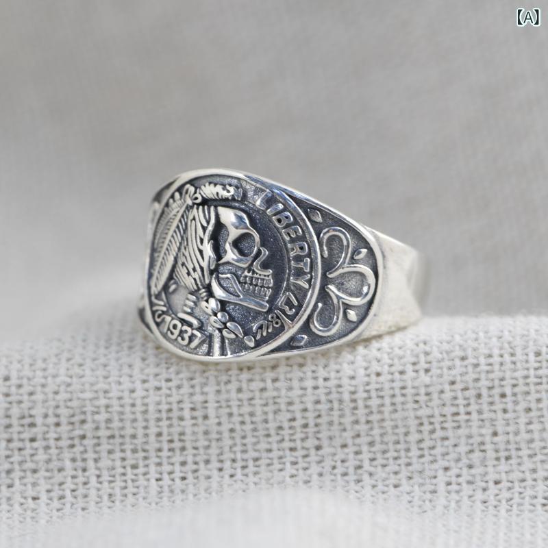 リング 指輪 男女兼用 メンズ レディース スカル インディアン レトロ ヴィンテージ 個性的 フリーサイズ オープンリング シルバー ア..
