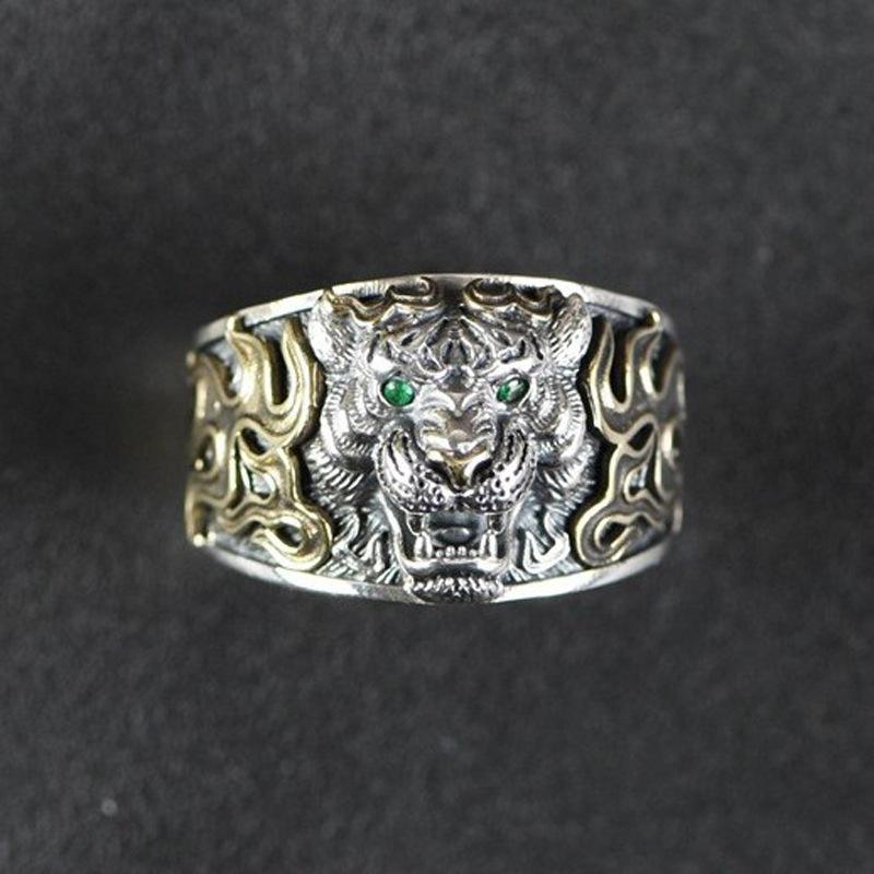 リング メンズ 男女兼用 高級感 アメリカン タイガー 個性的 レトロ ヴィンテージ加工 ワイルド オープンリング フリーサイズ 銅 銀メッキ