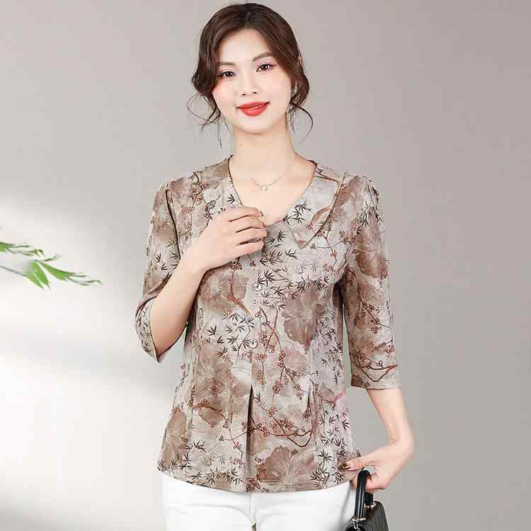 ブラウス レディース ママ ミセス 中高年 夏服 五分袖 半袖 襟付き 開襟 シャツ トップス カジュアル リラックス 普段使い お出かけ プリント 花柄 ボタニカル ポリエステル ポリウレタン 伸縮性(4)