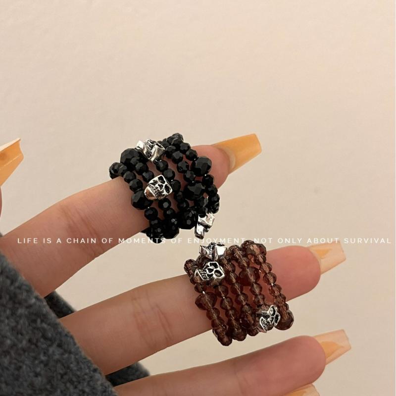リング レディース ユニセックス ハンドメイド ビーズ クリスタル 多重リング スカル ドクロ ヒップホ..