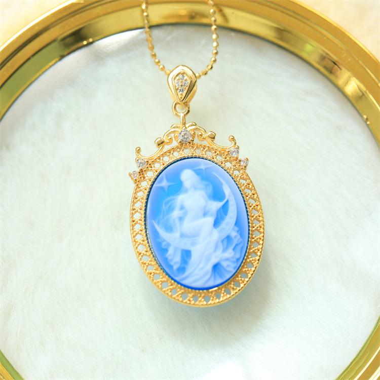 ネックレス S925純銀 シルバー925 ドイツ カメオ 夜神モチーフ ペンダント 瑪瑙 メノウ 青 黒 ブルー ブラック アンティーク風 ヴィンテージ レトロ...