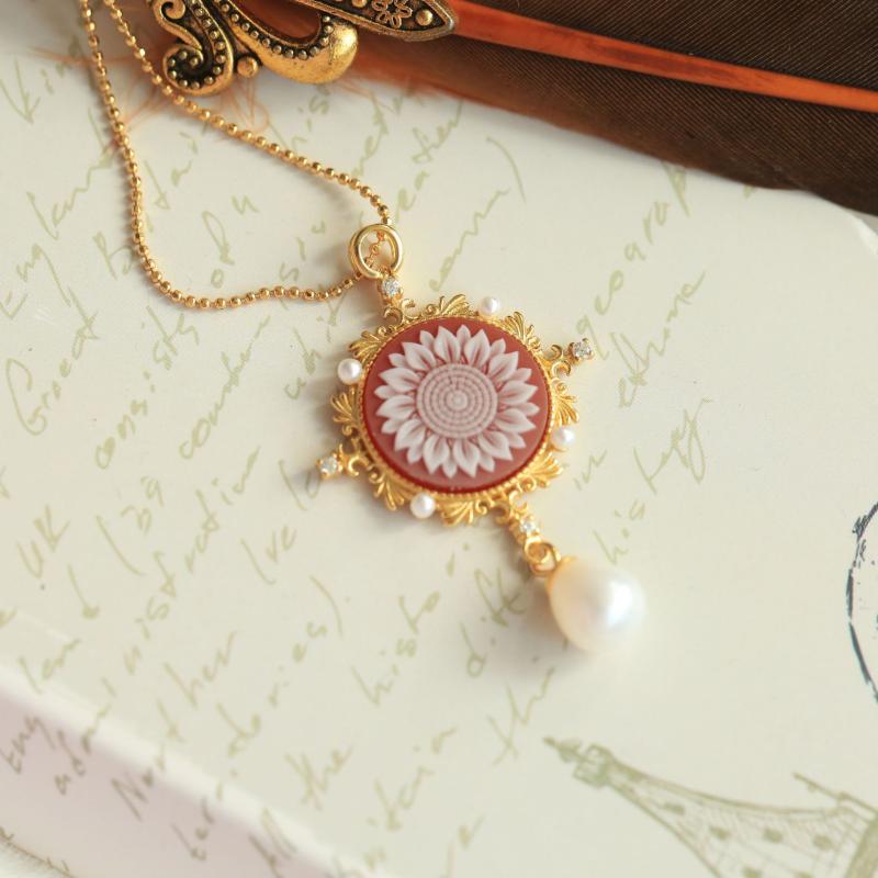 ネックレス 925シルバー製 マ瑙 カメオ 小花 デイジー 真珠 パール レトロ アンティーク風 植物モチーフ 花 フラワー ファッション アクセサリー ペンダ...