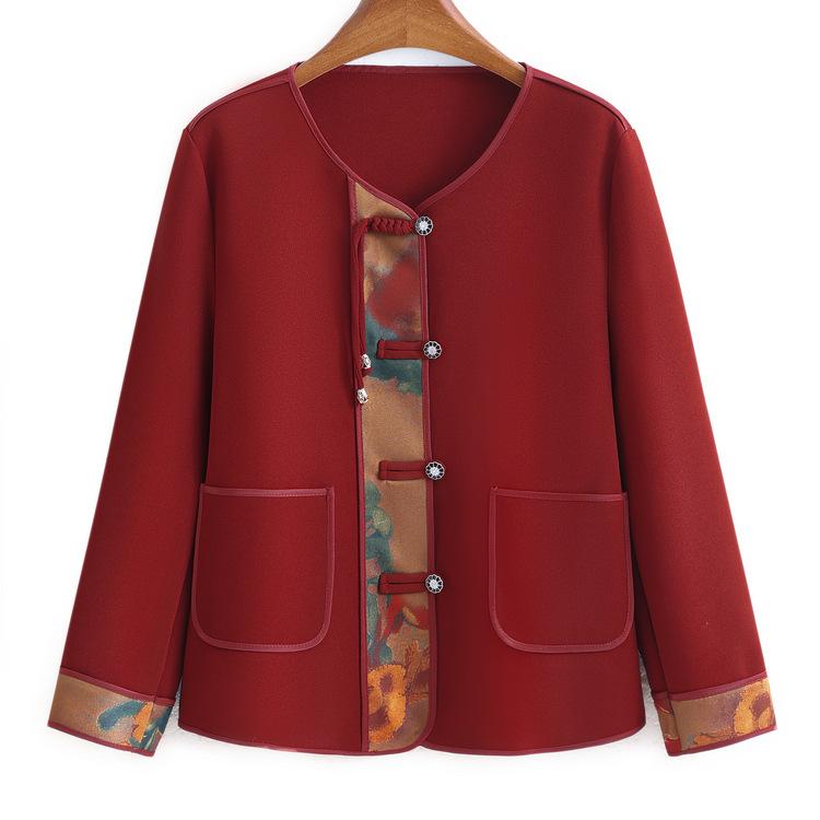 ジャケット レディース ミセス向け 中華風 アウター 羽織り 春 秋物 大きいサイズ ゆったり ルーズフィット 花柄 高級感 上品 エレガント ポリエステル素材 レッド系