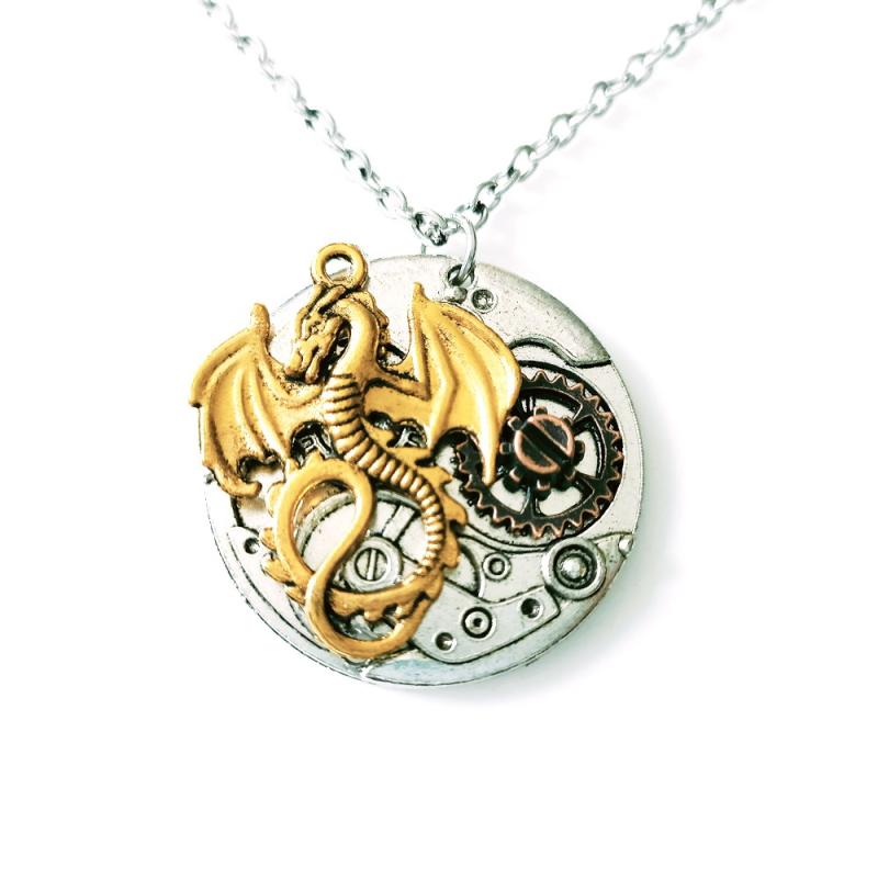 ネックレス 男女兼用 ゴシック レトロ ヴィンテージ風 ドラゴン モンスターモチーフ 機械式ギア 円形 ペンダント 首飾り アンティークシルバー 合金製 メッキ加工 クロスチェーン 長さ60cm