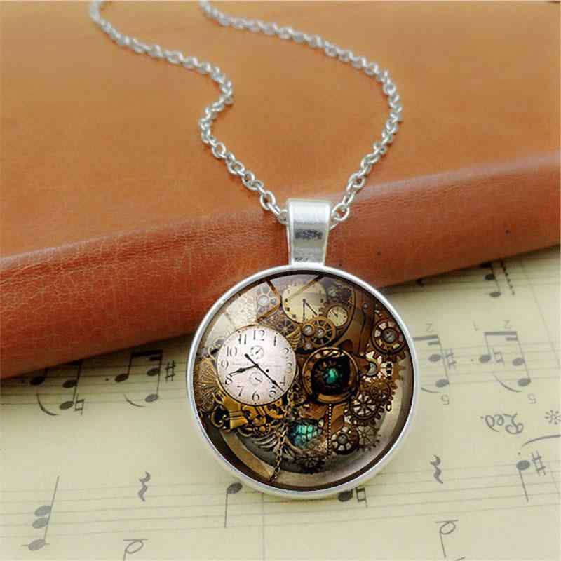 ネックレス 男女兼用 スチームパンク 時計 ペンダント トップ レトロ アンティーク ガラス 瑠璃 クリス..