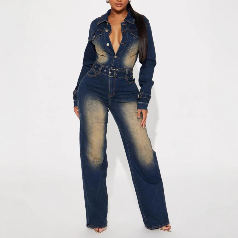 オールインワン レディース デニム 長袖 ウエストゴム コットン ストレッチ ウォッシュ加工 レトロ ヴィンテージ ストレートロング丈 ストリートカジュアル ダークブルー