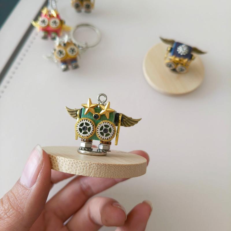 ネックレス キーホルダー スチームパンク ロボット 木製 ウッド 合金 ペンダント チャーム カップル ペ..