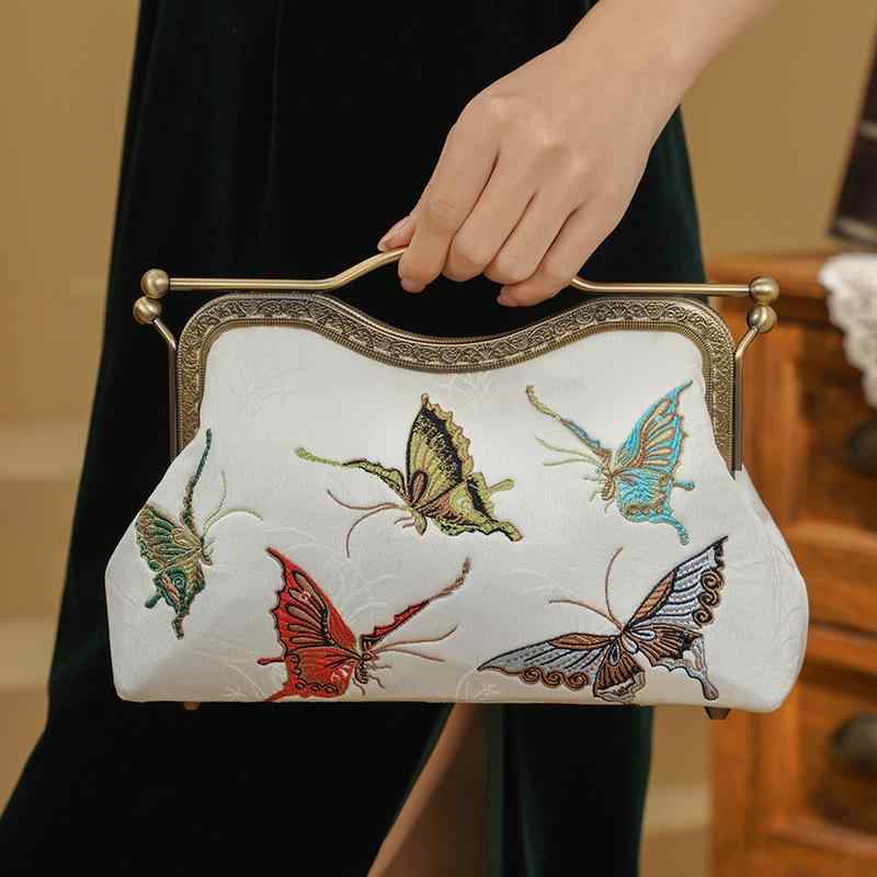 バッグ レディース 蝶々刺繍 貝殻型 ハンドバッグ 古風 チャイナ風 宴会 パーティー デイリーユース ショルダーバッグ ポリエステル チェーン ロック開閉 仕切り 証書入れ 鞄