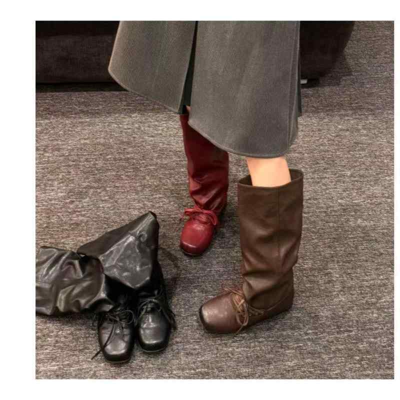 ブーツ レディース スクエアトゥ シャーリング ルーズブーツ ウェスタン 厚底 太めソール レースアップ..