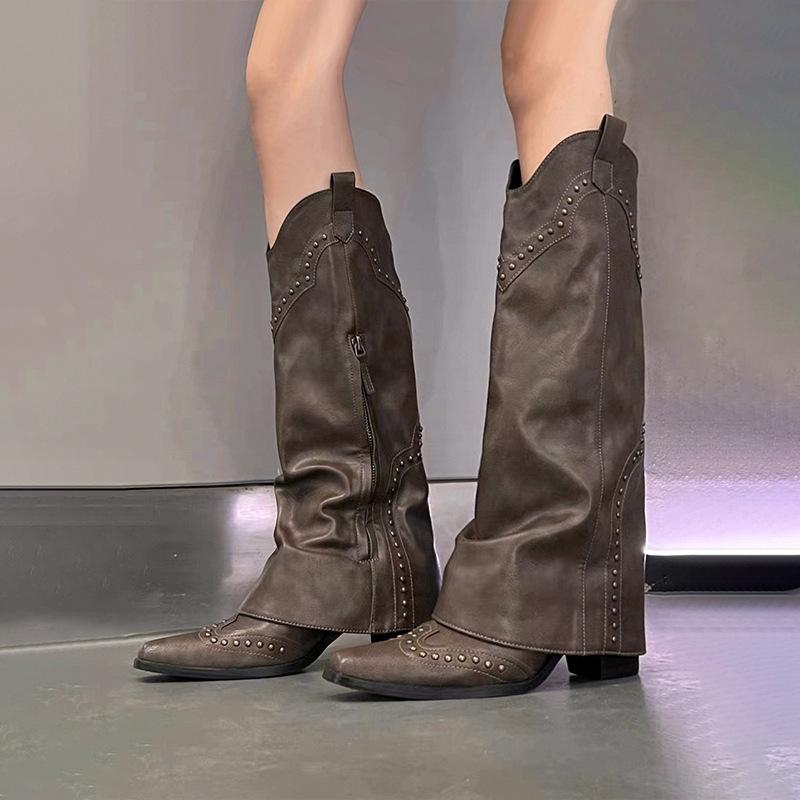 ウエスタンブーツ レディース 牛革 本革 スタッズ ポインテッドトゥ チャンキーヒール 太ヒール ロング..