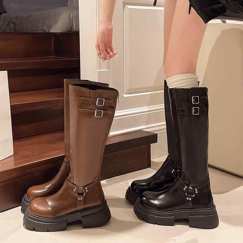 ブーツ レディース ロングブーツ 膝下丈 ジョッキーブーツ ウエスタンブーツ 太ヒール チャンキーヒー..