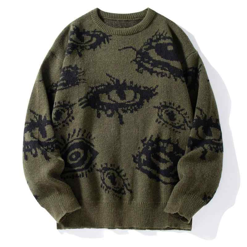 ニット メンズ 丸首 長袖 ゆったり オーバーサイズ ビッグシルエット ジャカード織り アイモチーフ 個..