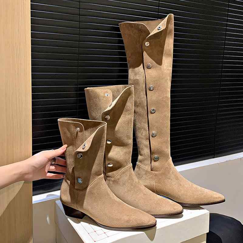 ロングブーツ レディース ウエスタンブーツ ポインテッドトゥ ルーズ シャーリング ボタン チャンキー..