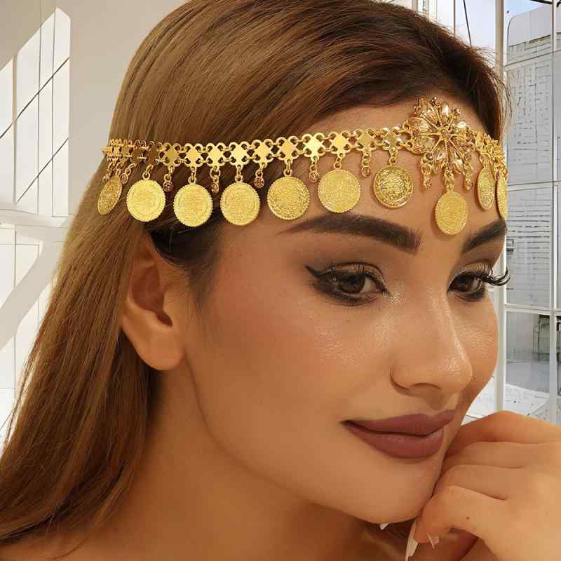 ヘッドチェーン レディース アラビア風 インド風 エスニック ゴールド ラインストーン フラワー コイン..