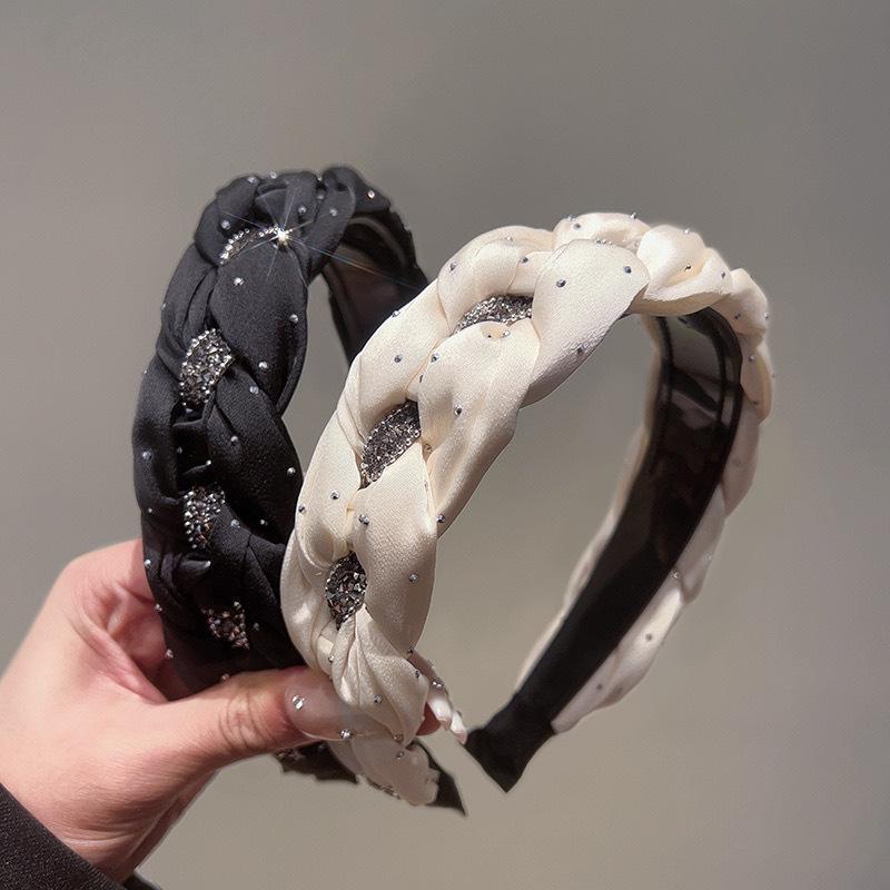 カチューシャ レディース 女性用 布製 三つ編みブレード ラインストーン 高級感 上品 エレガント ボリ..