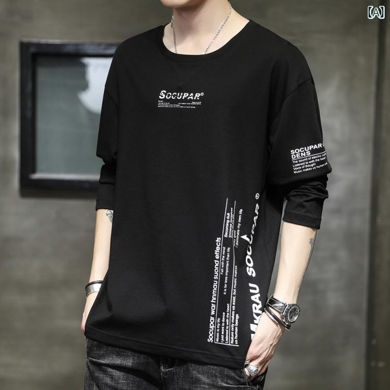 Tシャツ メンズ 長袖 ロングスリーブ 綿 コットン 薄手 アートプリント 韓国風 トレンド クルーネック ..