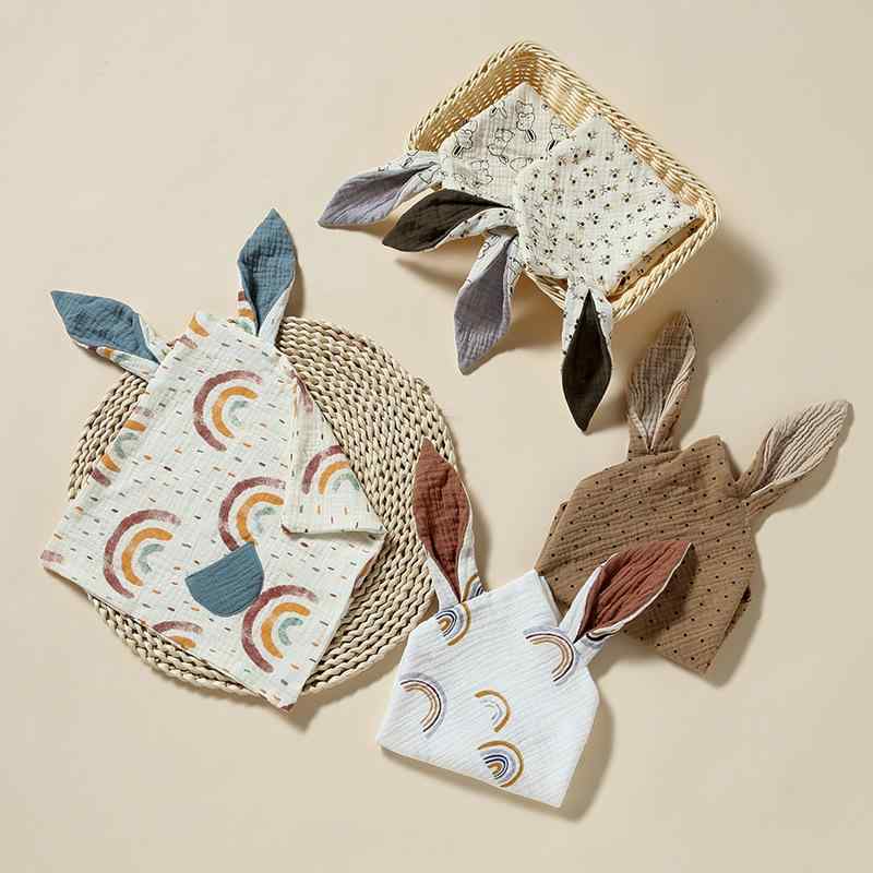 おくるみ ベビー タオル ブランケット ぬいぐるみ 純綿ガーゼ 歯固め かみかみ ねんね 安眠グッズ 手人形 うさ耳 ドット ヒョウ柄 小花柄 レモン柄 ハート柄 アニマル柄