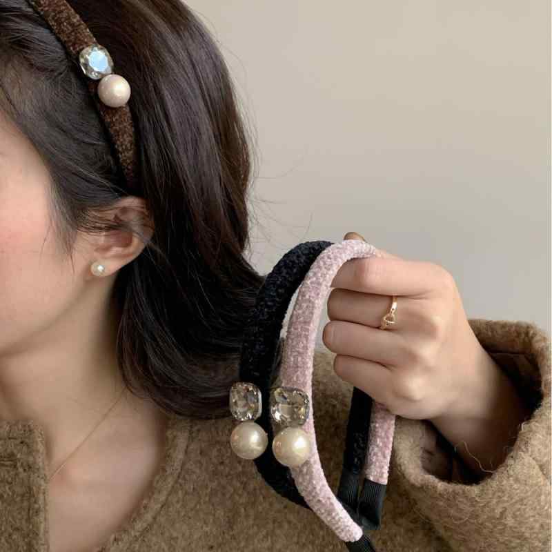 カチューシャ レディース ベルベット パール ラインストーン キラキラ 細身 上品 エレガント 高級感 韓..