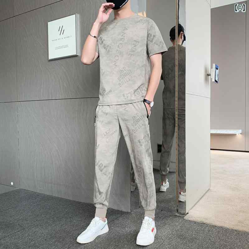 セットアップ メンズ 夏 2点セット 半袖Tシャツ ロングパンツ 上下セット 高級感 トレンド 接触冷感 通気性 ゆったり ルーズ カジュアル 薄手 ナイロン レーヨン ストレッチ