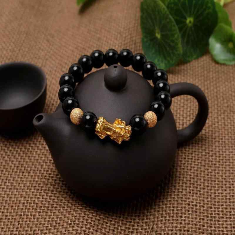 ブレスレット 男女兼用 カップル ペア 天然 黒曜石 貔貅 金運招来 ラッキーアイテム 六字真言 数珠 シンプル 伸縮性 パワーストーン 金珠 民族風