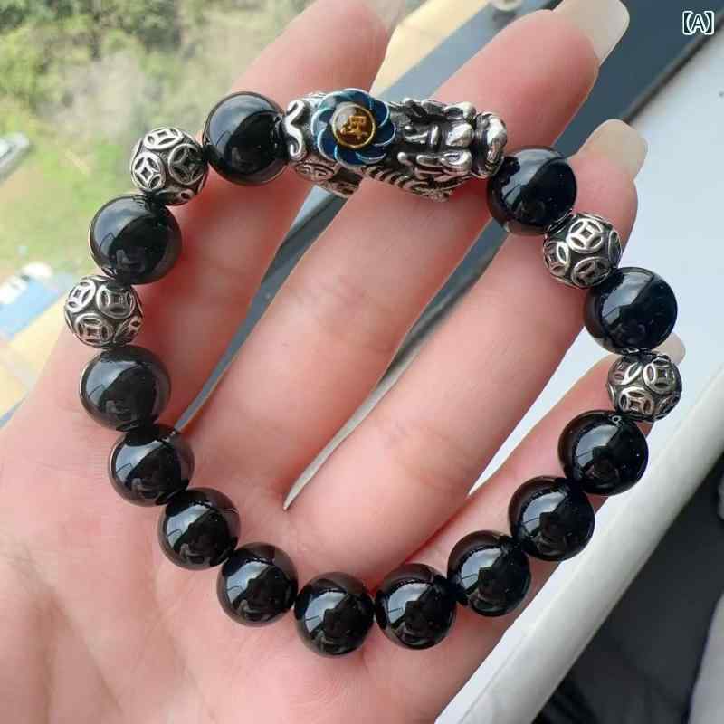 ブレスレット 男女兼用 黒曜石 天然石 貔貅 銭形ビーズ カップル ペア 数珠 パワーストーン 金運 魔除け お守り レトロ エスニック 民族風 おしゃれ カジュアル 普段使い