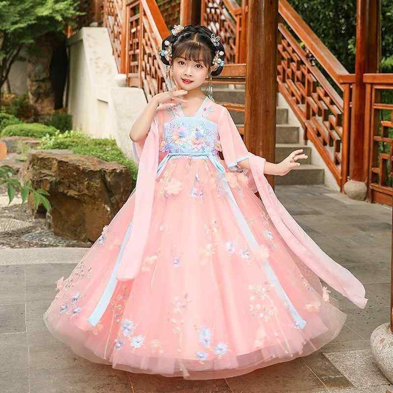 漢服 女の子 中国風 古風 唐装 伝統衣装 春 夏 秋 オールシーズン 花柄 華やか 優雅 ポリエステル 柔らか加工 キッズ 子供服 女児 小学生 園児
