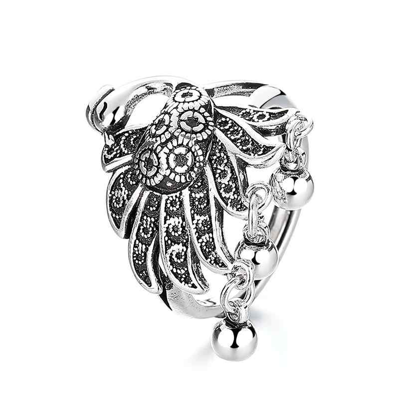 指輪 レディース 鳳凰 タッセル エスニック 民族調 レトロ アンティーク調シルバー 銅製 オープンリング フリーサイズ 調節可能 個性的 上品 動物モチーフ 燻し加工