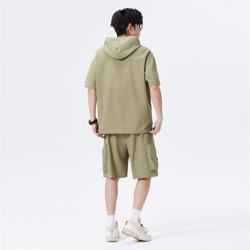 Tシャツ セットアップ 男性用 フード付き 半袖 接触冷感 ゆったり カジュアル スポーツ ハーフパンツ リップル生地 ポリエステル 薄手 夏 普段使い トレンド ビッグシルエット