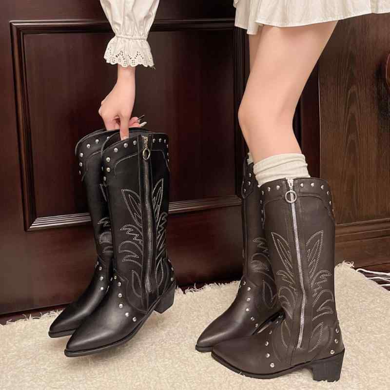 ウエスタンブーツ レディース レトロ 高級感 チャンキーヒール ポインテッドトゥ ミドル丈 ロングブー..