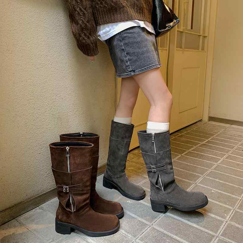 ジョッキーブーツ レディース ウエスタンブーツ カウボーイブーツ レトロブリティッシュスタイル 高筒 ロング丈 ストレート 太ヒール スエード サイドジップ 秋冬