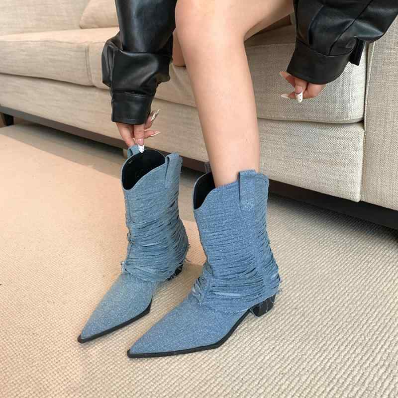 ウエスタンブーツ レディース ポインテッドトゥ ミドル丈 ルーズ シャーリング チャンキー 太ヒール ハイヒール Vカット レトロ ヴィンテージ調 マイクロファイバー 保温 滑り止め スタイルアップ カウボーイブーツ ブラック ブルー