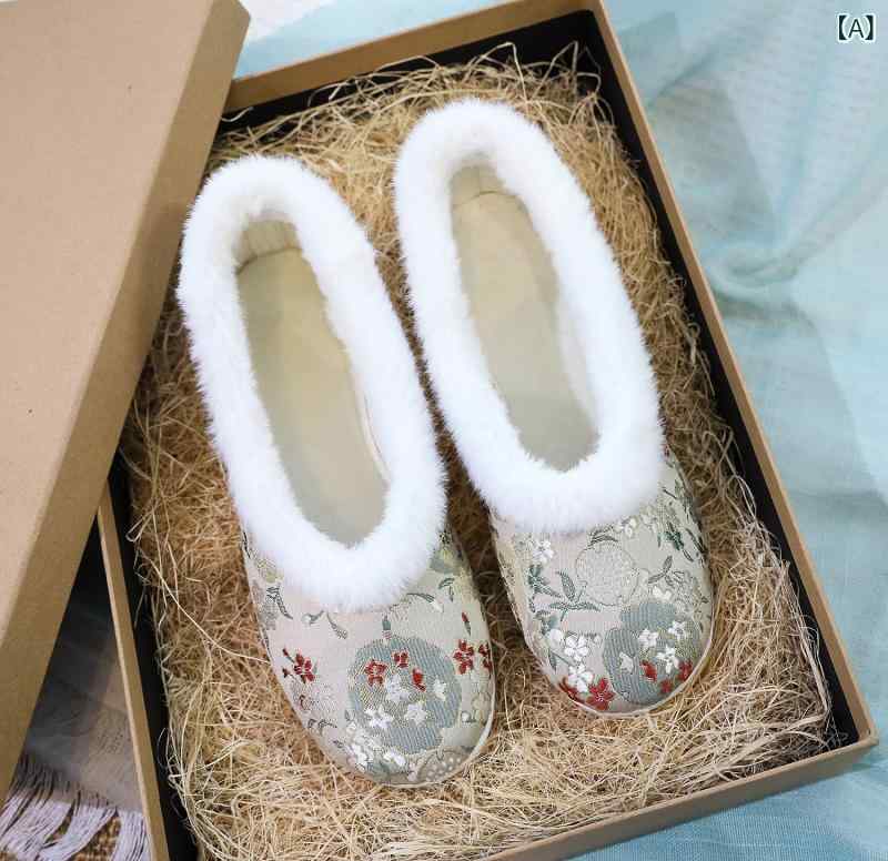 シューズ レディース 女性用 冬用 裏起毛 暖かい 防寒 民族風 中国風 カジュアル スリッポン フラット..