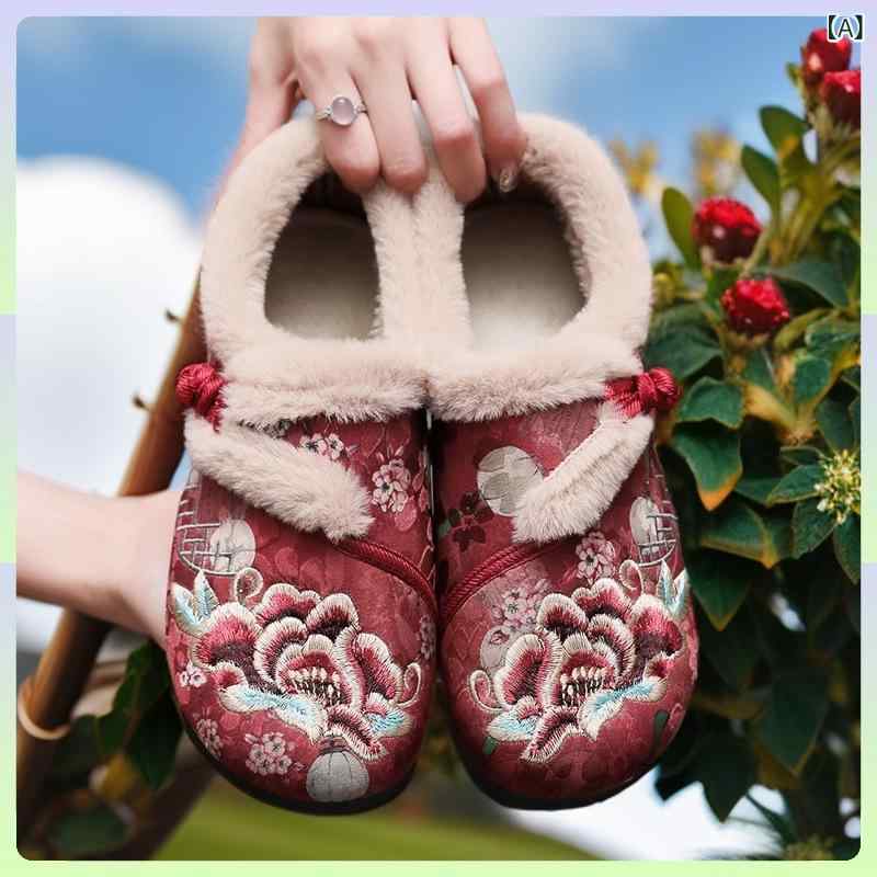 刺繍靴 レディース 漢服 中国風 民族風 綿靴 厚手 中高年 母 ソフトソール サテン生地 花柄 ラウンドト..